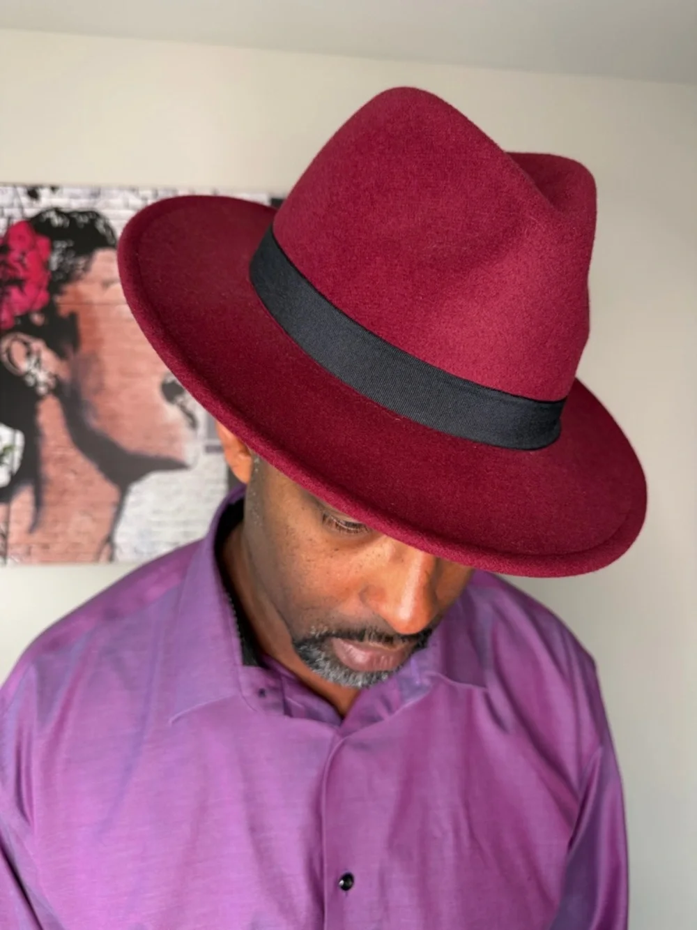 Burgundy Fedora Hat with Black Band Unisex - Picture 2 of 9